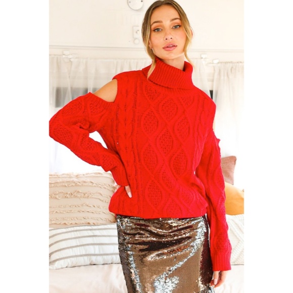 SOLD OUT Red Holiday Cut Out Cold Shoulder Cable Knit Turtleneck Knit Sweater - Picture 2 of 3
